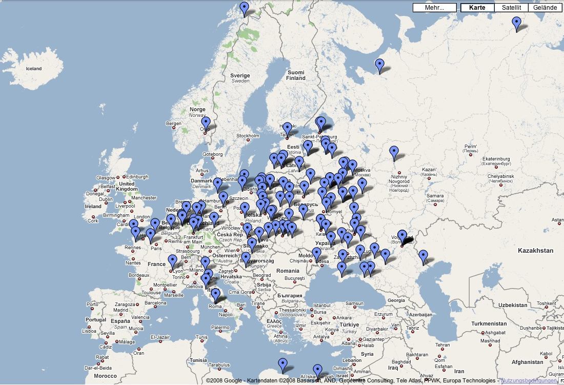 Historische Übersichtskarte mit markierten Grablagen in Europa